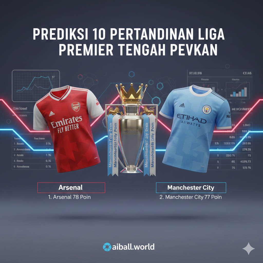 A high-quality 3D digital illustration representing the intense title race between Arsenal and Manchester City. The image features two stylized football jerseys—one red and white (Arsenal) and one sky blue (Manchester City)—floating symmetrically on either side of a golden Premier League trophy.