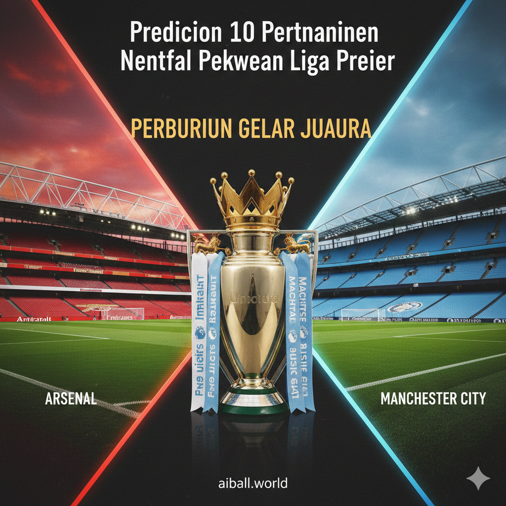A split-screen style creative graphic representing the intense title race between Arsenal and Manchester City. On one side, a stylized artistic depiction of the Emirates Stadium in North London colors (red and white), and on the other side, the Etihad Stadium in sky blue.