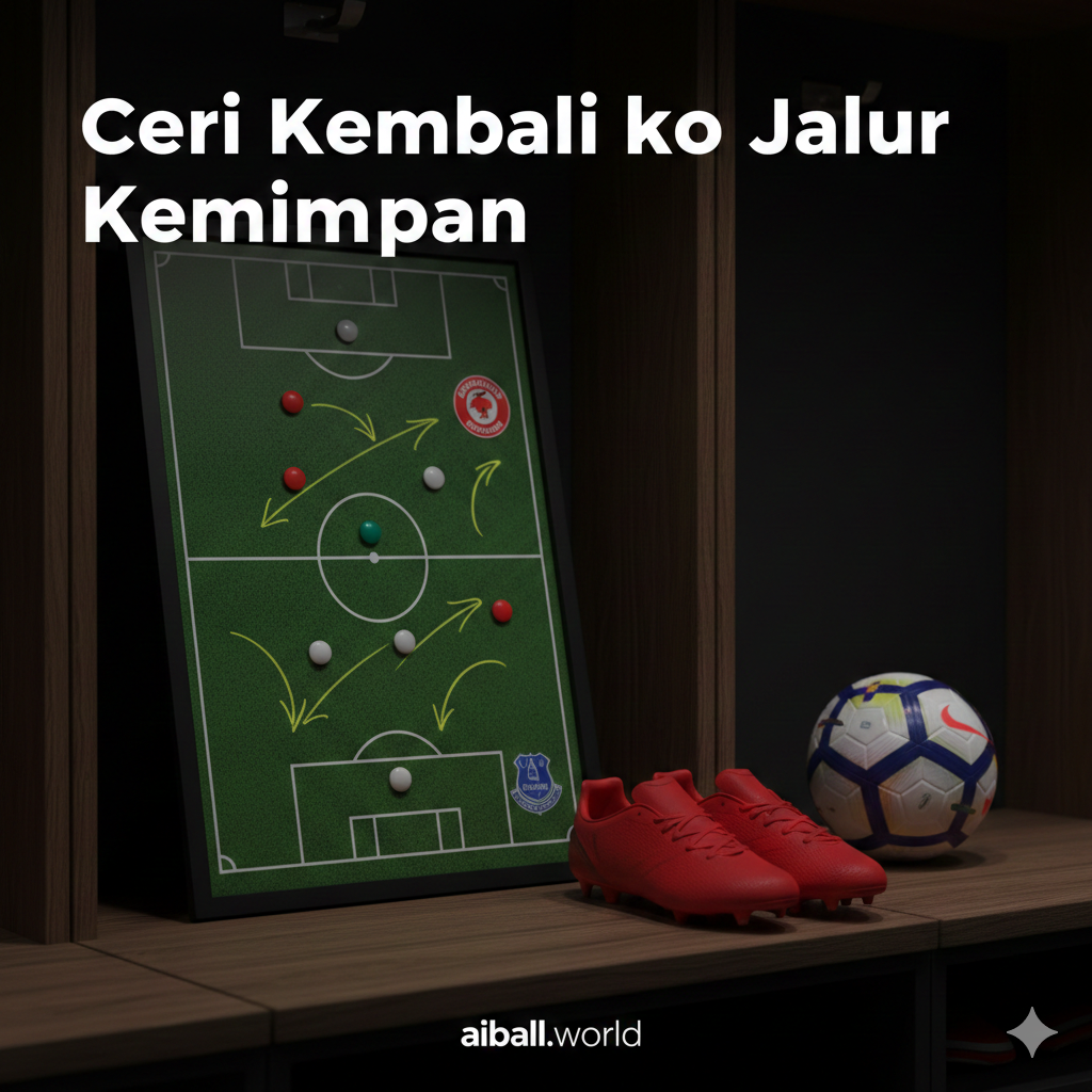 A detailed close-up of a tactical football coaching board with magnets and drawn arrows representing Bournemouth's attacking strategy against Everton. Beside the board, a pair of professional red football boots and a Premier League ball are placed on a wooden bench in a locker room setting. The lighting is moody and focused (chiaroscuro style), highlighting the strategic preparation for the match. The color palette consists of deep reds, blacks, and emerald green, conveying a professional and analytical tone suitable for a sports preview.