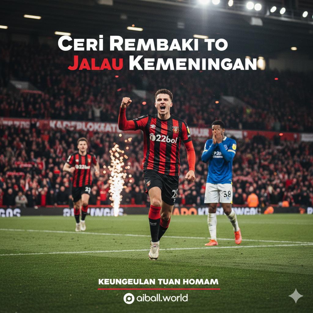 A dynamic cinematic shot of a Bournemouth striker in a red and black striped jersey celebrating a goal under the bright floodlights of Vitality Stadium. In the background, a blurred Everton defender in a blue kit looks dejected. The atmosphere is intense and electric, with a slight motion blur to capture the action. The color palette features vibrant reds, deep blacks, and royal blues, with a wide-angle composition that captures the grass texture and the stadium atmosphere in the evening.