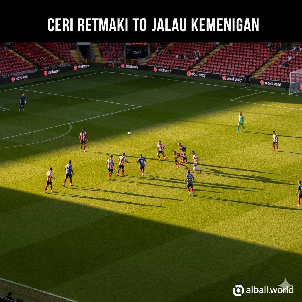 A high-angle view of a tactical football moment at Vitality Stadium during a sunset match. The golden hour light casts long shadows on the pitch. The focus is on a group of players near the penalty area, showing the intensity of a set-piece or a fast break. The style is professional sports photography with high contrast and sharp details. The green of the pitch is lush, contrasted with the red seating of the stands, emphasizing the home-field advantage mentioned in the text.