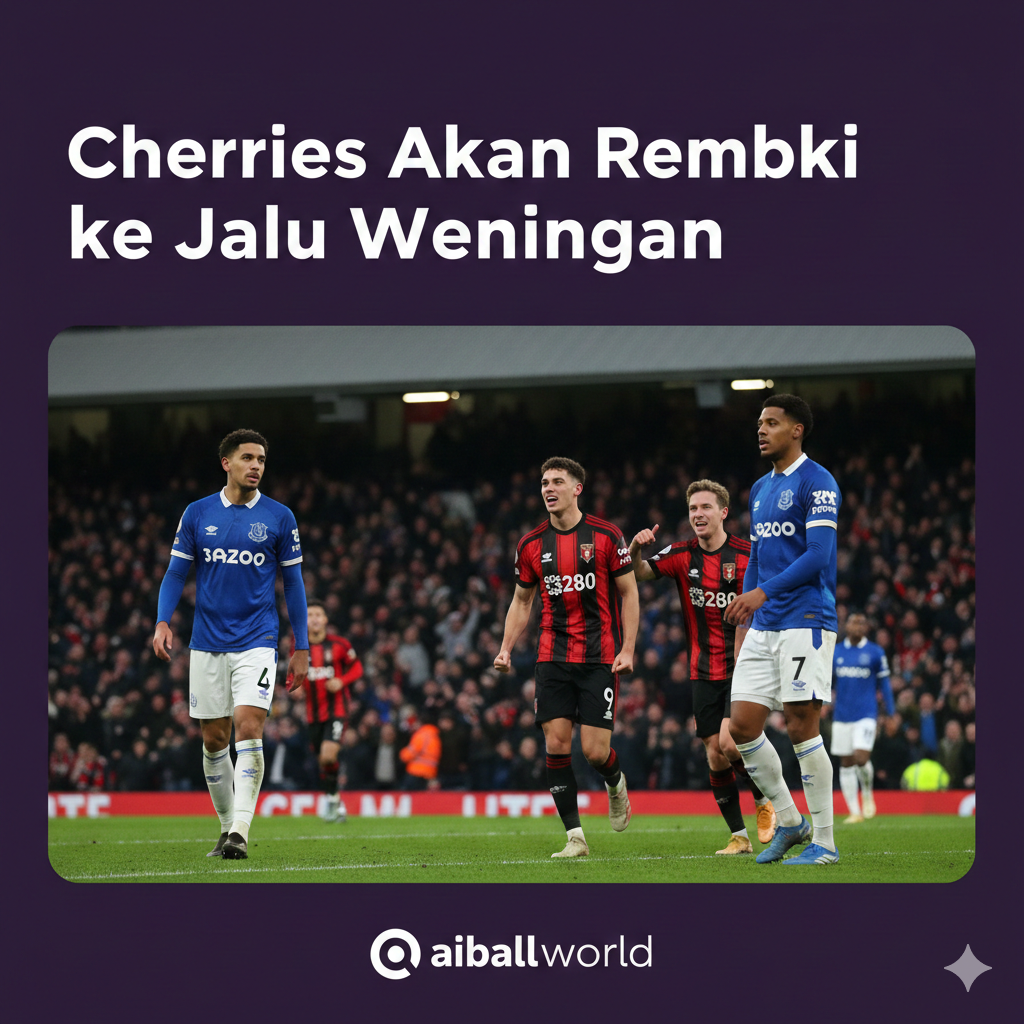 A high-action cinematic shot capturing a Premier League atmosphere at Vitality Stadium under stadium floodlights at dusk. The focus is on a Bournemouth player in their iconic red and black striped kit celebrating a goal, contrasted with an Everton player in a blue kit looking determined. The background features a blurred crowd of cheering fans and the green pitch. The color palette is vibrant with high contrast, emphasizing the red, black, and blue team colors with a professional sports photography style.