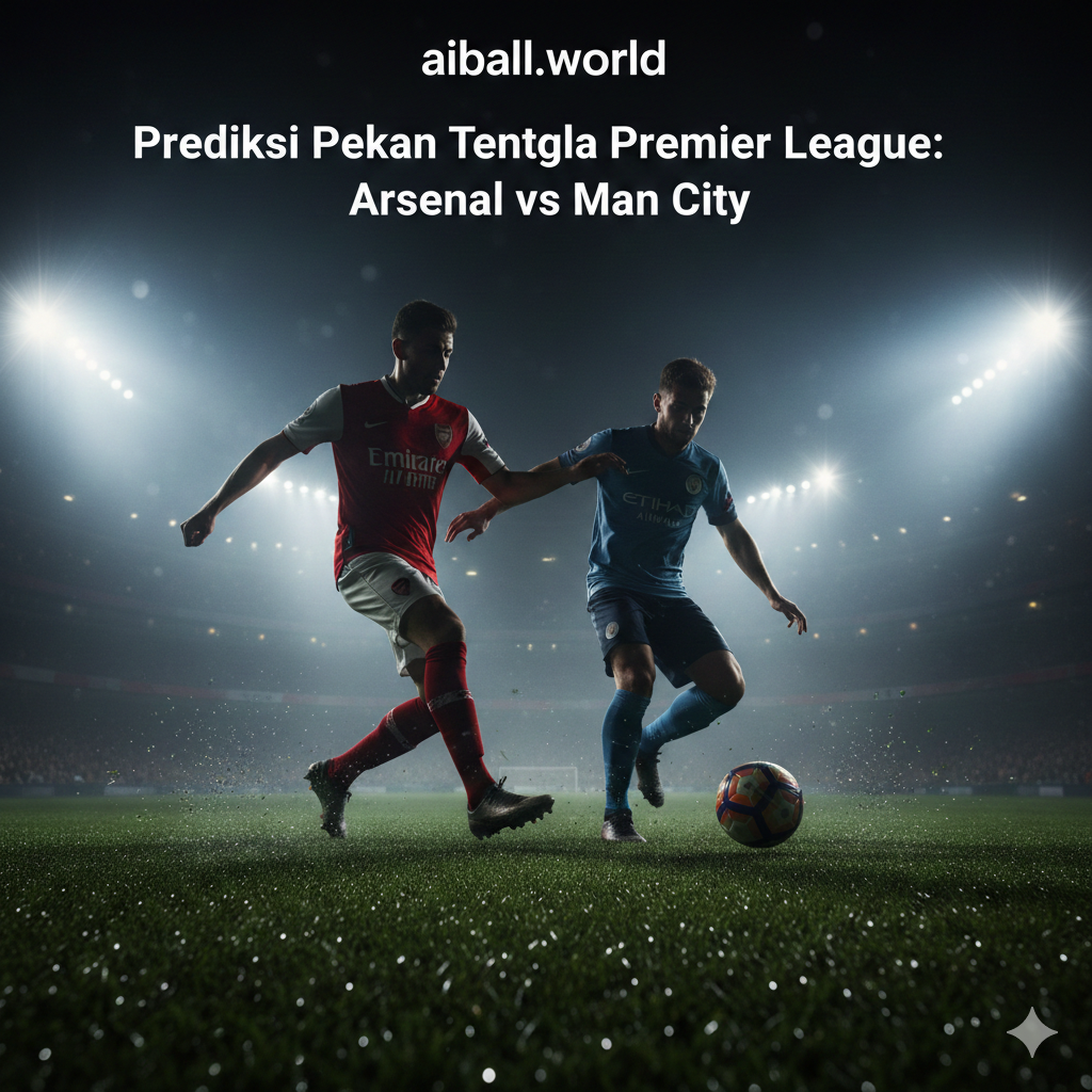 Ilustrasi aksi pertandingan sepak bola yang intens yang memvisualisasikan persaingan antara Arsenal dan Manchester City. Gambar menunjukkan dua pemain bayangan atau siluet pemain dengan jersey merah dan biru yang sedang berebut bola dalam kecepatan tinggi. Rumput stadion terlihat sangat detail dengan percikan embun pagi di bawah lampu sorot. Sudut pandang kamera rendah (low angle) untuk menciptakan kesan dinamis dan heroik. Atmosfer gambar dipenuhi dengan energi, menggunakan efek motion blur untuk menekankan kecepatan dan tensi perebutan takhta liga.