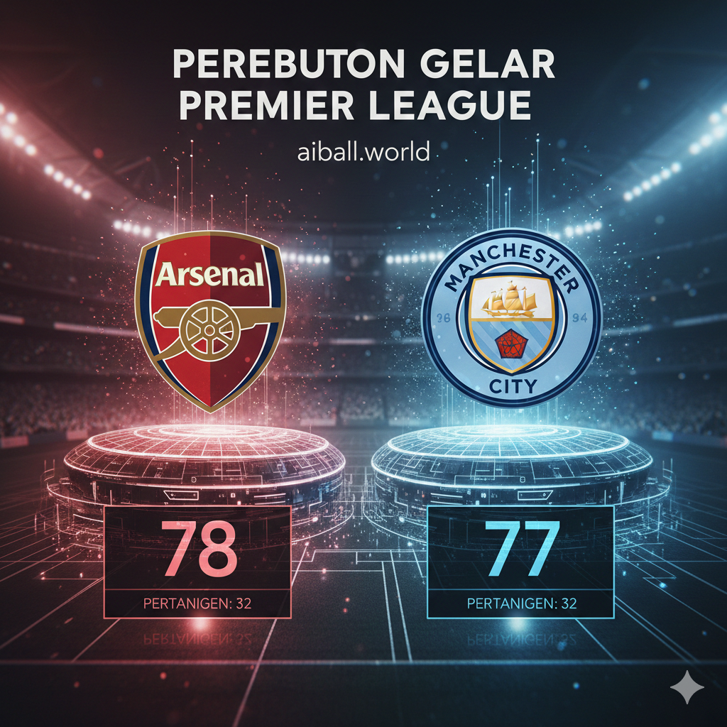 Sebuah komposisi visual yang menampilkan persaingan ketat di puncak klasemen Premier League. Gambar ini menonjolkan grafis digital yang menunjukkan perbandingan antara logo Arsenal dan Manchester City di atas peta stadion sepak bola yang futuristik. Pencahayaan bergaya sinematik dengan kontras tinggi antara warna merah dan biru muda, menciptakan ketegangan kompetitif. Terdapat elemen visual seperti papan skor digital yang menyala dan efek partikel cahaya yang memberikan kesan modern, dinamis, dan berteknologi tinggi khas situs aiball.world.
