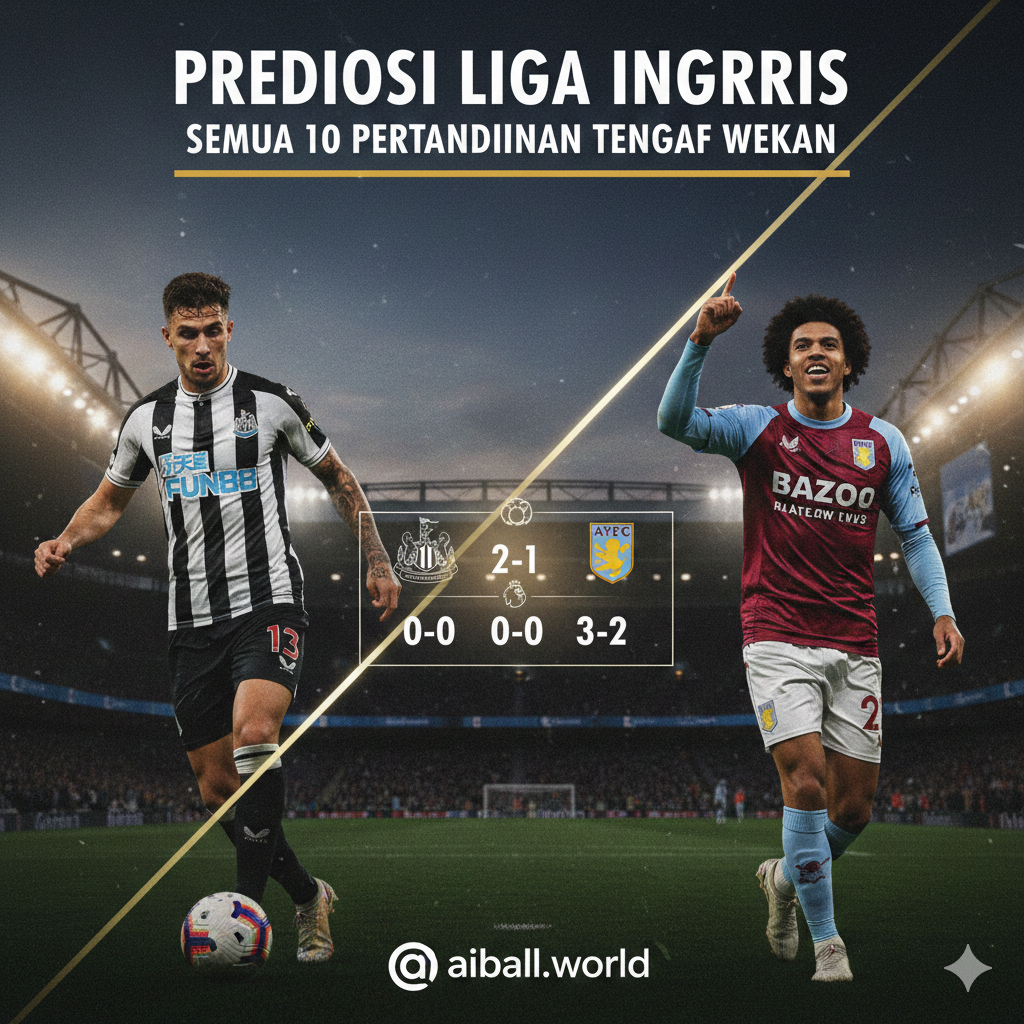 A dynamic close-up split-screen composition featuring players in action, representing the key matches like Newcastle vs Tottenham and Brighton vs Aston Villa. One side shows a player in a black and white striped kit dribbling intensely, while the other shows a player in a claret and blue kit celebrating. The style is artistic and gritty, using a shallow depth of field to make the athletes pop. Warm stadium lights contrast with the cool evening air. Infographic elements like subtle glowing score lines are integrated into the background to emphasize the 'prediction' theme.