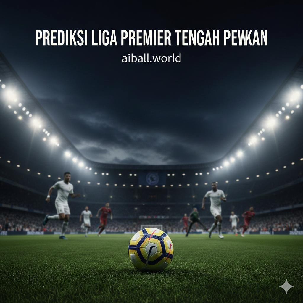 Pemandangan dramatis stadion sepak bola Inggris yang modern di malam hari dengan lampu sorot yang terang benderang. Di tengah lapangan, terdapat bola sepak resmi Premier League yang elegan. Latar belakang menampilkan siluet buram dari pemain sepak bola yang sedang bertanding. Gaya visualnya adalah fotografi olahraga profesional dengan kontras tinggi, palet warna didominasi biru tua, hijau rumput yang tajam, dan cahaya putih keemasan dari lampu stadion, menciptakan atmosfer pertandingan malam yang intens.