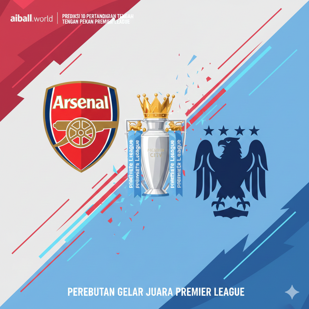 Ilustrasi grafis yang membagi layar secara vertikal atau diagonal, menampilkan representasi simbolis dari Arsenal dan Manchester City. Di satu sisi terdapat warna merah dan putih dengan logo meriam, di sisi lain warna biru langit. Di tengahnya terdapat trofi Premier League yang mengkilap sebagai fokus utama. Gaya desainnya modern, bersih, dan berenergi tinggi dengan elemen geometris serta efek cahaya digital yang memberikan kesan persaingan perebutan gelar juara yang sangat ketat.