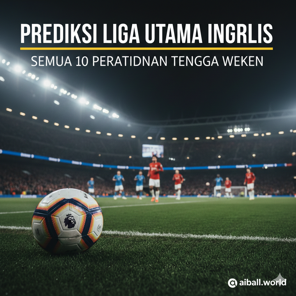 A cinematic wide-angle shot of a vibrant Premier League stadium during a night match under bright floodlights. The foreground features a professional football with the official league logo on the grass. In the blurred background, players in red and blue jerseys are seen competing for the ball. The atmosphere is intense with a slight mist, a packed cheering crowd in the stands, and a color palette of deep greens, vibrant blues, and sharp stadium lights creating a high-energy sporting environment.