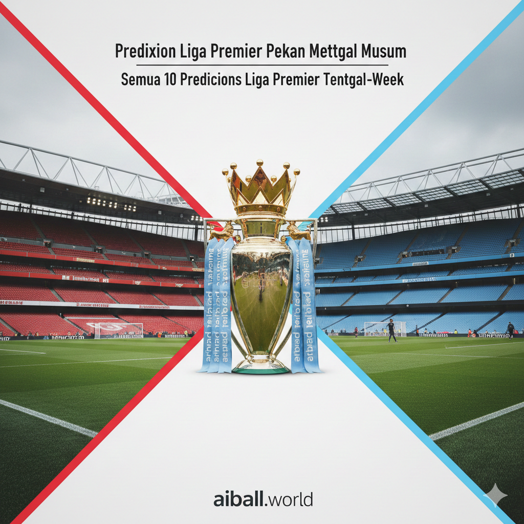 A high-quality split-screen conceptual image representing the title race between Arsenal and Manchester City. On one side, a stylized representation of the Emirates Stadium with a focus on red and white colors; on the other, the Etihad Stadium with light blue tones. In the center, a golden Premier League trophy is highlighted with a soft glow. The style is modern, sleek, and digital, using high-contrast lighting and sharp textures to emphasize the intensity of the competition at the top of the table.