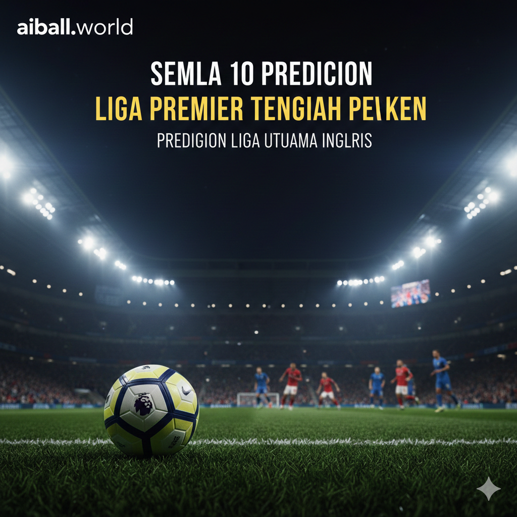 A high-energy cinematic wide shot of a modern Premier League stadium under bright floodlights at night. In the foreground, a professional soccer ball with the official Premier League logo sits on the lush green grass, with blurred figures of players in red and blue jerseys competing in the background. The atmosphere is intense and dramatic, featuring a cool blue and deep green color palette with sparks of stadium lights. The composition follows the rule of thirds, emphasizing the scale of the midweek matches and the prestige of the competition.