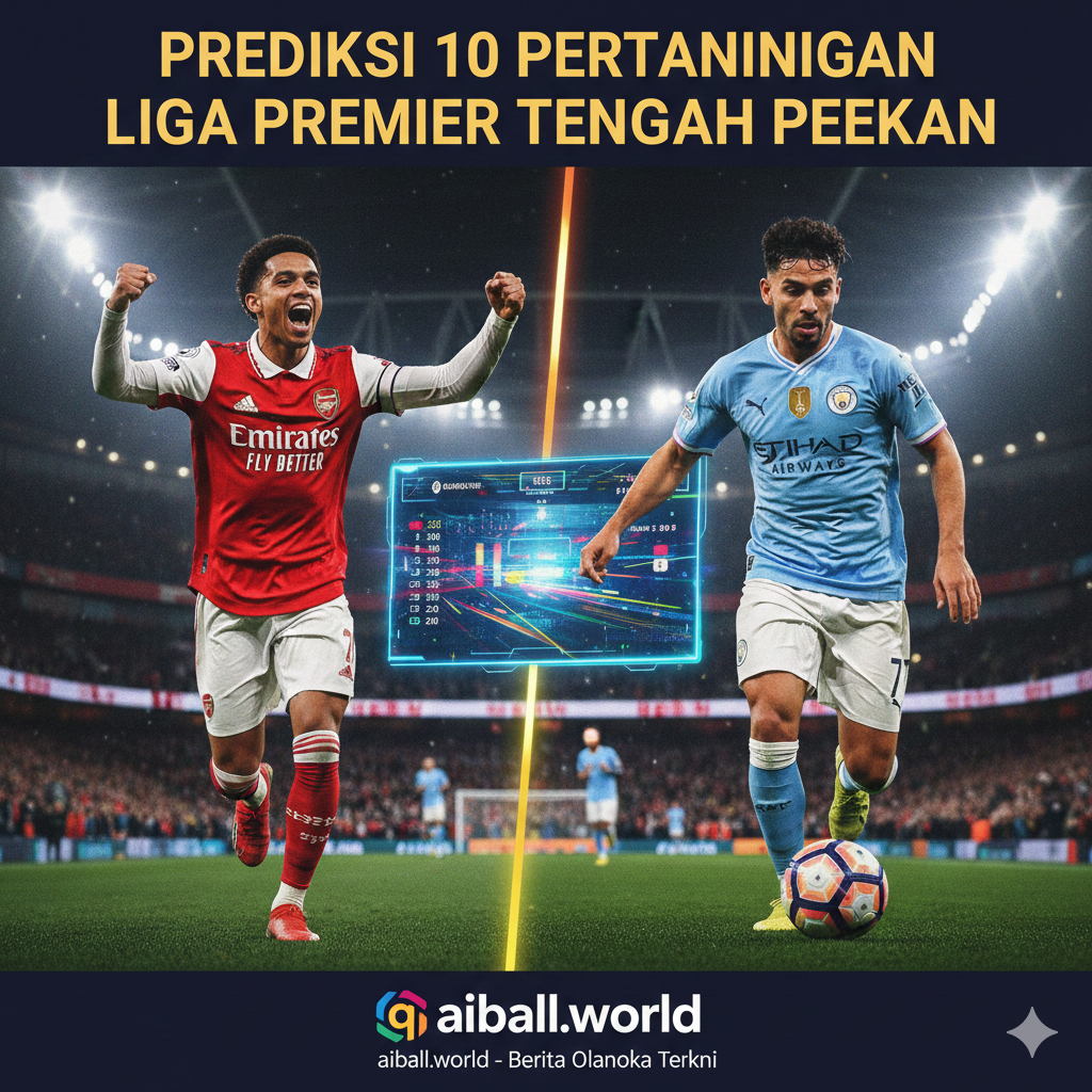 A dynamic split-screen style graphic or a montage focusing on the top teams of the midweek fixtures. On one side, a stylized representation of an Arsenal player celebrating, and on the other, a Manchester City player in action. The middle features a digital scoreboard or a tactical screen showing blurred match statistics. The style is modern, vibrant, and sharp, using high-contrast lighting to highlight the intensity of the title race and the battle for the top four. The overall aesthetic is clean and professional, suitable for a sports news website.
