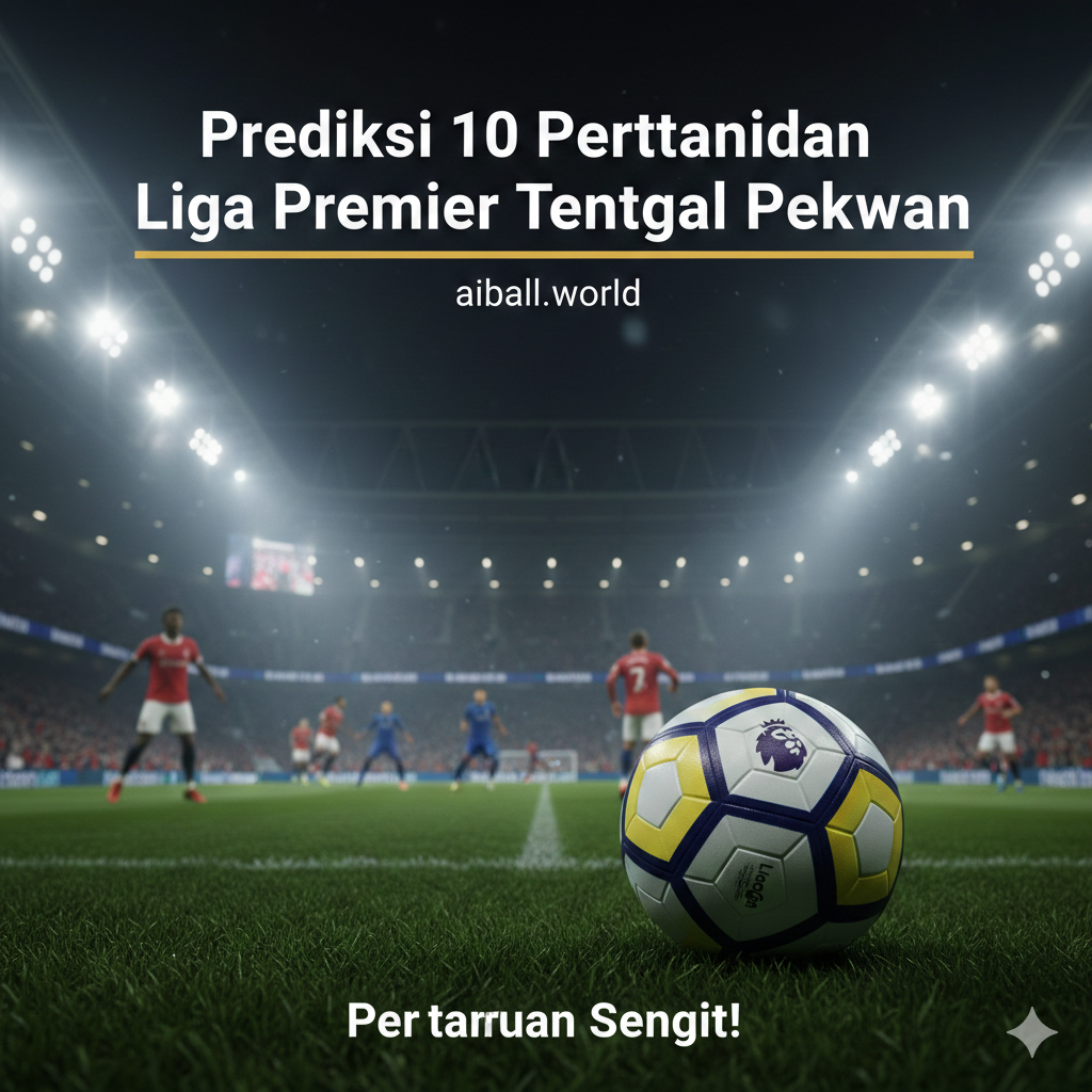 A high-energy cinematic wide shot of a modern English Premier League stadium at night under bright floodlights. In the foreground, a professional football rests on the lush green grass with the Premier League logo visible. In the background, motion-blurred silhouettes of players in red and blue kits are competing. The atmosphere is electric with a misty air, vibrant stadium lights creating a lens flare effect, and a packed crowd in the stands. The color palette features deep emerald green, bright stadium white, and hints of gold to represent the prestige of the league.