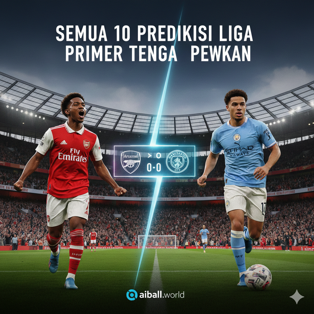 A split-screen style conceptual illustration representing the intense title race between Arsenal and Manchester City. On one side, a stylized player in an Arsenal red kit is celebrating in front of a cheering Emirates Stadium crowd; on the other side, a Manchester City player in sky blue is shown in a powerful running motion. Between them, a glowing scoreboard displays team logos and match icons. The style is modern sports graphic design with high contrast, sharp textures, and dynamic lighting to highlight the midweek excitement of these top-tier matchups.