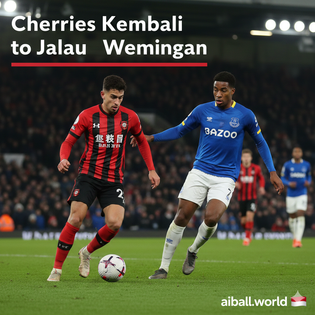 A high-action football match scene at Vitality Stadium during dusk. A Bournemouth player in a distinctive red and black striped kit is seen dribbling past an Everton defender in a classic royal blue jersey. The stadium atmosphere is vibrant with blurred fans in the background under bright floodlights. The style is professional sports photography with a shallow depth of field, vivid colors, and a dynamic composition that captures the intensity of the Premier League clash.