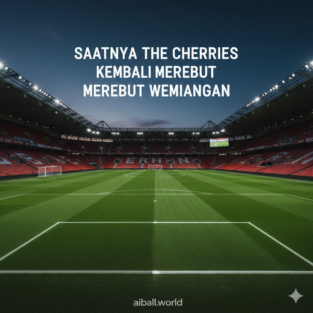 A wide-angle cinematic shot of the Vitality Stadium pitch prepared for a night match. The lush green grass features professional mowing patterns, with the goalposts and corner flags clearly visible. The sky is a deep twilight blue with a hint of orange. The aesthetic is clean and modern, representing the home ground advantage of the Cherries. The lighting is dramatic, focusing on the empty yet expectant stadium before the players emerge.