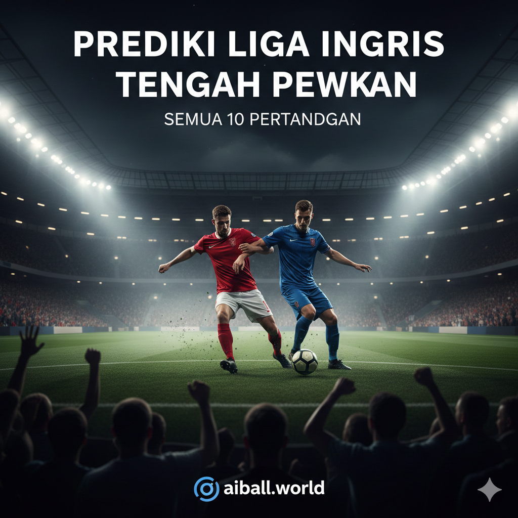 A high-energy cinematic wide shot of a modern English football stadium at night under bright floodlights. In the foreground, blurred silhouettes of passionate fans are visible. On the pitch, two professional football players in contrasting red and blue kits are competing for a ball.