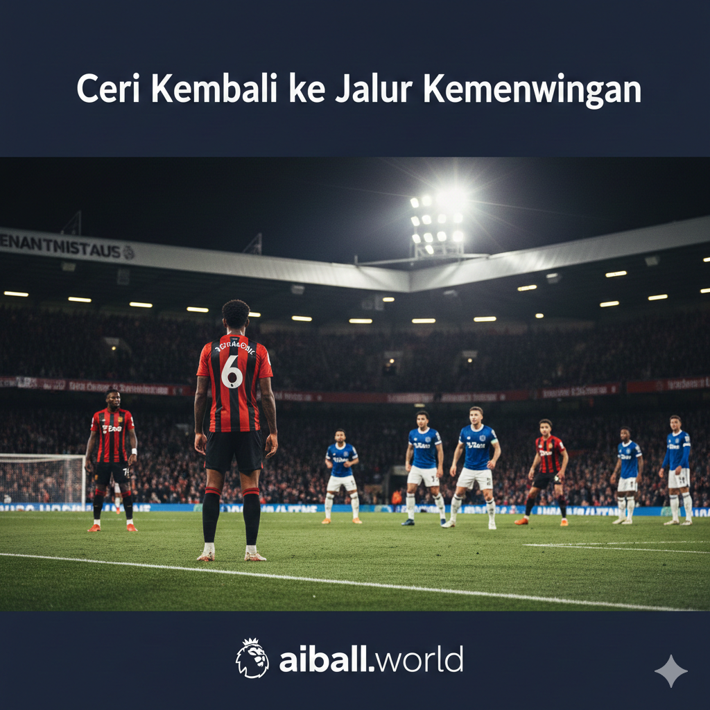 A high-intensity cinematic shot of Vitality Stadium during a night match. In the foreground, a player in Bournemouth's iconic red and black striped kit is seen from behind, looking towards the pitch where Everton players in blue are positioned defensively. The stadium lights create a dramatic flare effect, with a vibrant atmosphere, lush green grass, and blurred fans in the background. The style is professional sports photography with high contrast and saturated colors to emphasize the Premier League excitement.