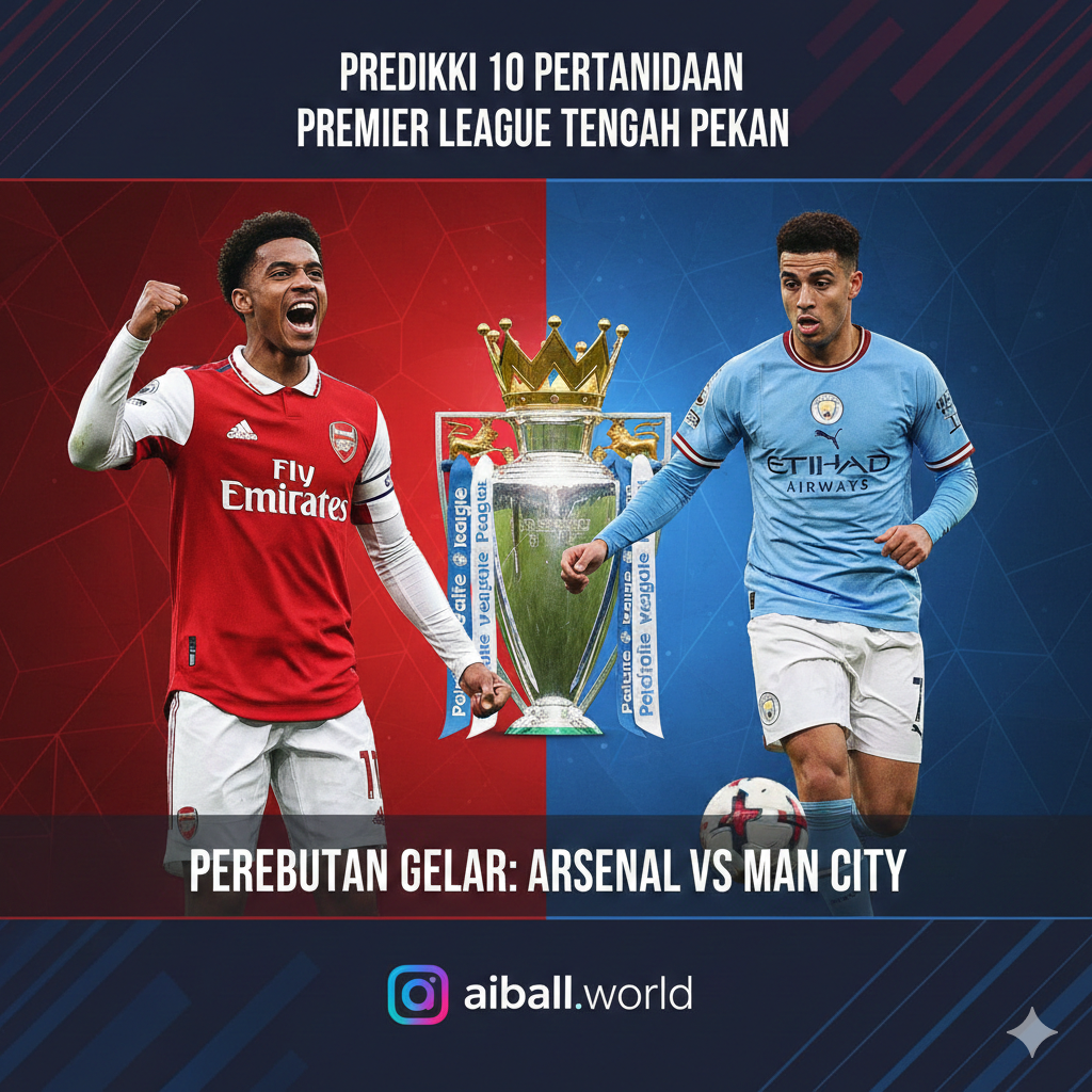 A split-screen or collage-style graphic representing the title race battle. On one side, a stylized illustration of an Arsenal player celebrating in their iconic red and white kit. On the other side, a Manchester City player in a sky blue kit controlling the ball.
