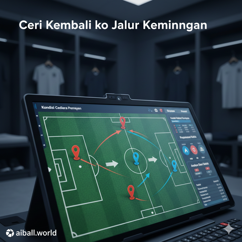 A detailed close-up of a tactical whiteboard or a digital screen showing soccer formations and statistics. Red and blue magnetic markers representing the two teams are strategically placed, with arrows indicating attacking movements. The background is a slightly blurred locker room setting. The lighting is cool and focused, highlighting the strategic nature of the match analysis. This image complements the section on team news and statistical analysis, using a modern, analytical visual style.