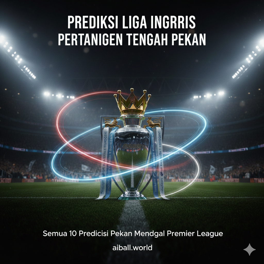 Sebuah komposisi sinematik yang menampilkan elemen-elemen kunci dari Premier League di malam hari di bawah lampu stadion yang terang. Fokus utama adalah trofi Premier League yang bersinar di tengah, dikelilingi oleh grafis dinamis berwarna merah Arsenal, biru Manchester City, dan putih Tottenham untuk mewakili persaingan papan atas. Latar belakangnya adalah pemandangan stadion yang penuh sesak dengan efek bokeh và kabut cahaya, menciptakan suasana pertandingan tengah pekan yang intens. Gaya visualnya modern, tajam, dengan saturasi warna yang tinggi và pencahayaan dramatis để thu hút sự chú ý của người đọc.