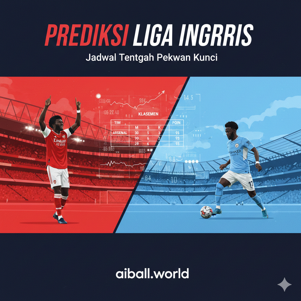 Ilustrasi grafis yang membagi layar menjadi dua bagian untuk menonjolkan persaingan perebutan gelar antara Arsenal dan Manchester City. Di satu sisi terdapat representasi abstrak pemain Arsenal yang merayakan gol dengan latar belakang Emirates Stadium yang ikonik, và di sisi lain adalah pemain Manchester City yang sedang beraksi với latar Etihad Stadium. Palet màu didominasi bởi đỏ tươi và xanh da trời, kết hợp với đồ họa thống kê kỹ thuật số và bảng xếp hạng trôi nổi nghệ thuật để tạo ấn tượng về phân tích sâu sắc và dự đoán kỹ thuật. Bố cục cân đối với kiểu chữ năng động gợi ý tốc độ và sự cạnh tranh.