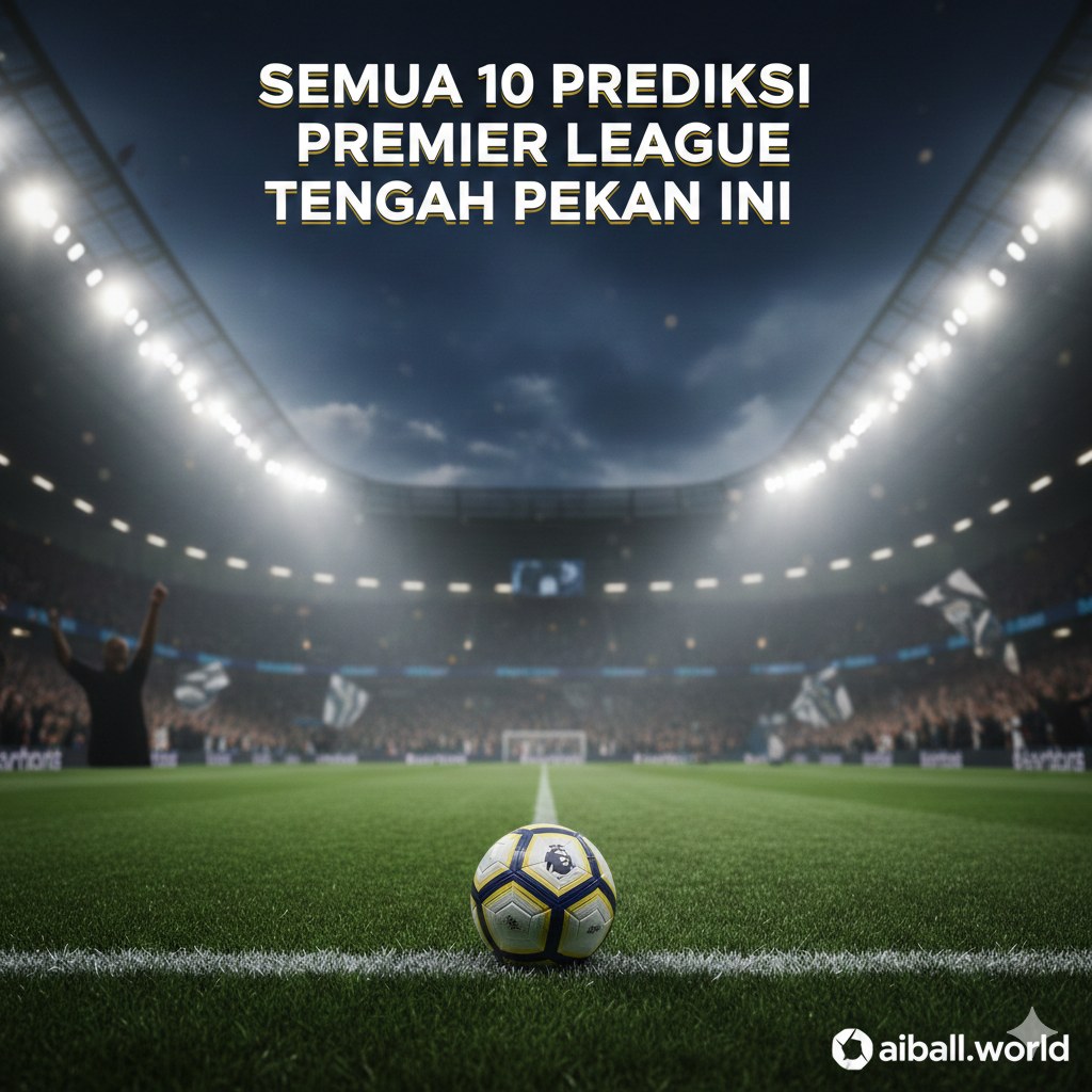 Pemandangan atmosferik Stadion Premier League di malam hari yang megah di bawah cahaya lampu sorot yang terang. Di latar depan, terdapat bola sepak modern dengan logo Premier League yang diletakkan di atas rumput hijau yang dipotong rapi secara vertikal. Latar belakang menampilkan siluet buram dari penonton yang antusias dan bendera klub yang berkibar. Gaya fotorealistik dengan kontras tinggi, palet warna didominasi oleh hijau lapangan, biru malam, dan cahaya putih keemasan dari lampu stadion untuk menciptakan suasana pertandingan tengah minggu yang mendebarkan.