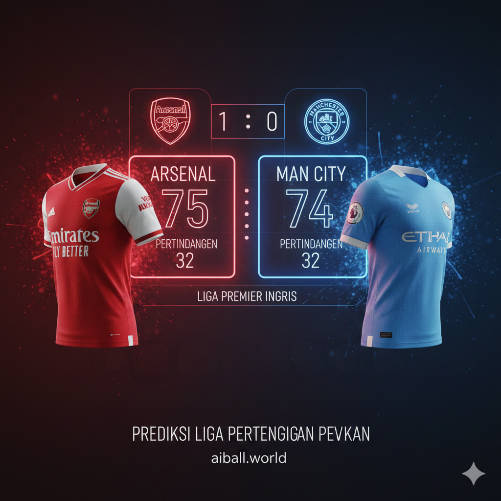 Grafis perbandingan dinamis yang menampilkan elemen ikonik dari klub papan atas seperti Arsenal dan Manchester City. Gambar menunjukkan jersey merah Arsenal dan jersey biru langit Manchester City yang diletakkan secara artistik dengan latar belakang papan skor digital yang menunjukkan statistik pertandingan. Gaya desain modern dengan efek cahaya neon, elemen tipografi tipis yang elegan, dan komposisi simetris. Penggunaan warna merah dan biru yang kontras memberikan kesan persaingan sengit dalam perebutan gelar juara liga Inggris.