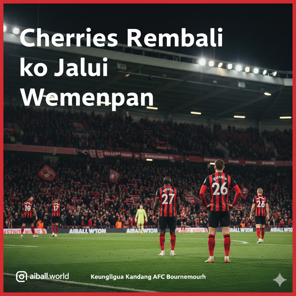 A high-intensity cinematic shot of the Vitality Stadium atmosphere during a night match. In the foreground, a Bournemouth player in a red and black striped kit is seen from behind, looking towards the brightly lit pitch. The background shows blurred fans in the stands and a clear night sky. The color palette is dominated by deep reds, blacks, and vibrant green grass under stadium floodlights, creating a dramatic and professional sports photography style.