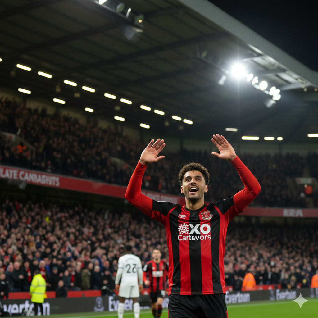 A high-intensity cinematic shot from the Vitality Stadium during a Premier League match between Bournemouth and Everton. The focus is on a Bournemouth player in their iconic red and black striped kit celebrating a goal, with the stadium's passionate crowd and bright floodlights in the background. The style is professional sports photography with a shallow depth of field, vibrant colors, and dynamic motion. The lighting highlights the evening match atmosphere with lens flares and a clear sense of Premier League drama.