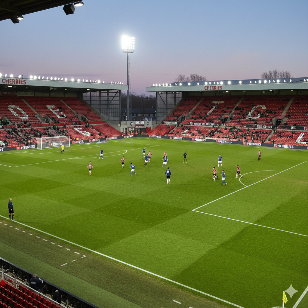 A wide-angle tactical view of the Vitality Stadium pitch during a sunset or evening game. The composition shows the lush green grass under bright stadium lights, with players from both teams positioned for a set-piece. One side of the frame features the Bournemouth 'Cherries' branding. The color palette is a mix of deep stadium greens, the red and black of the home team, and the blue of Everton. The image has a clean, modern aesthetic suitable for a sports news website, emphasizing the scale of the competition.