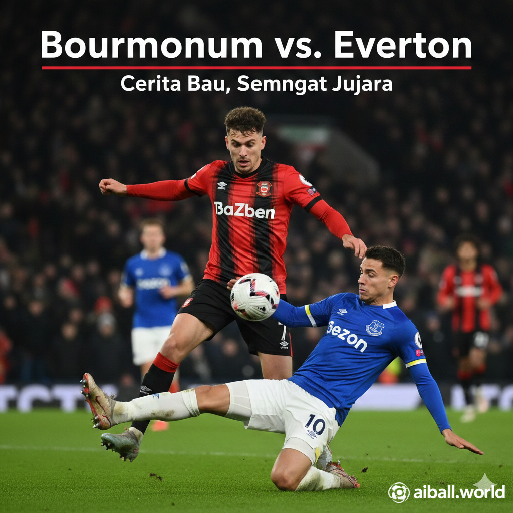 Sebuah foto aksi sepak bola profesional yang dramatis di Stadion Vitality pada malam hari di bawah lampu sorot yang terang. Menampilkan pemain depan Bournemouth dengan jersey merah-hitam yang ikonik sedang berebut bola dengan bek Everton yang mengenakan jersey biru. Fokus tajam pada pemain dan bola, dengan latar belakang tribun penonton yang penuh sesak dan sedikit blur untuk menciptakan efek kedalaman (bokeh). Gaya fotorealistik dengan kontras warna yang tinggi antara merah dan biru, menangkap intensitas persaingan Liga Inggris.