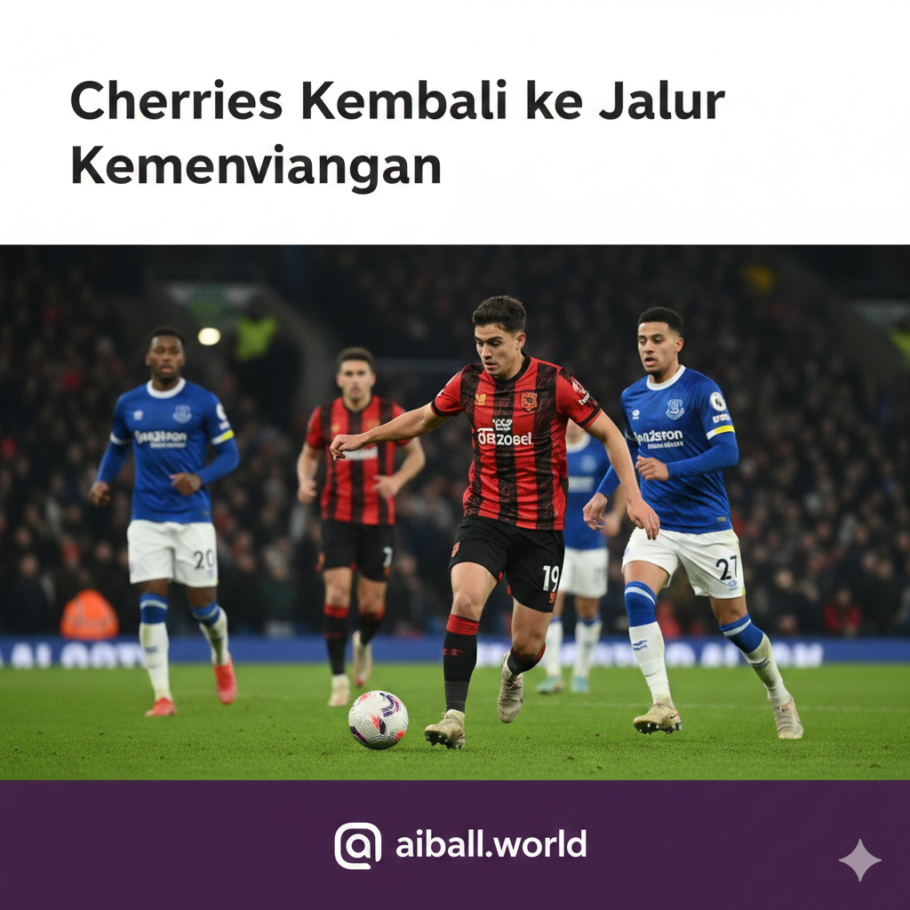 Một bức ảnh hành động kịch tính giữa các cầu thủ Bournemouth (áo sọc đỏ đen) và Everton (áo xanh dương) trên sân vận động Vitality rực rỡ ánh đèn. Cầu thủ tiền đạo của Bournemouth đang dẫn bóng bứt tốc qua hàng phòng ngự Everton. Phong cách nhiếp ảnh thể thao chuyên nghiệp, độ tương phản cao, làm nổi bật không khí cuồng nhiệt của Ngoại hạng Anh. Màu sắc rực rỡ, tiêu cự tập trung vào cầu thủ chính với hậu cảnh khán đài hơi mờ tạo chiều sâu.