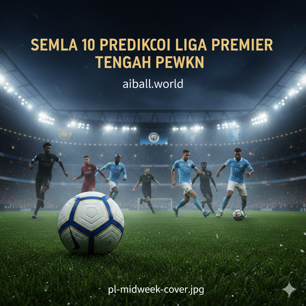 Pemandangan dramatis stadion Premier League di malam hari di bawah lampu sorot yang terang. Di latar depan, terdapat bola sepak modern yang diletakkan di atas rumput hijau yang sempurna dengan tetesan embun. Di latar belakang, siluet pemain dari berbagai klub seperti Arsenal, Man City, dan Liverpool sedang bersaing. Atmosfernya penuh energi dengan palet warna biru tua, emas, dan hijau rumput yang tajam. Komposisinya menggunakan sudut rendah (low-angle) untuk memberikan kesan megah dan prestisius, cocok untuk situs prediksi bola profesional.