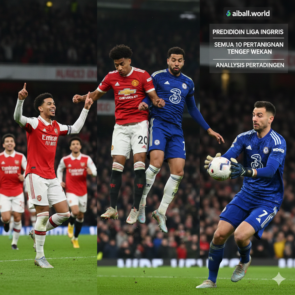 Kolase aksi pertandingan sepak bola yang dinamis yang menggabungkan elemen visual dari klub-klub besar seperti Arsenal, Manchester United, dan Chelsea. Gambar menampilkan pemain yang sedang melakukan selebrasi gol dan duel udara yang intens. Gaya visualnya adalah fotografi olahraga berkualitas tinggi dengan efek 'motion blur' untuk menunjukkan kecepatan. Pencahayaannya sinematik dengan kontras tinggi, menonjolkan warna jersey merah, biru, dan putih yang ikonik. Terdapat elemen grafis papan skor transparan di sudut untuk memperkuat tema analisis prediksi skor pekan tengah malam.