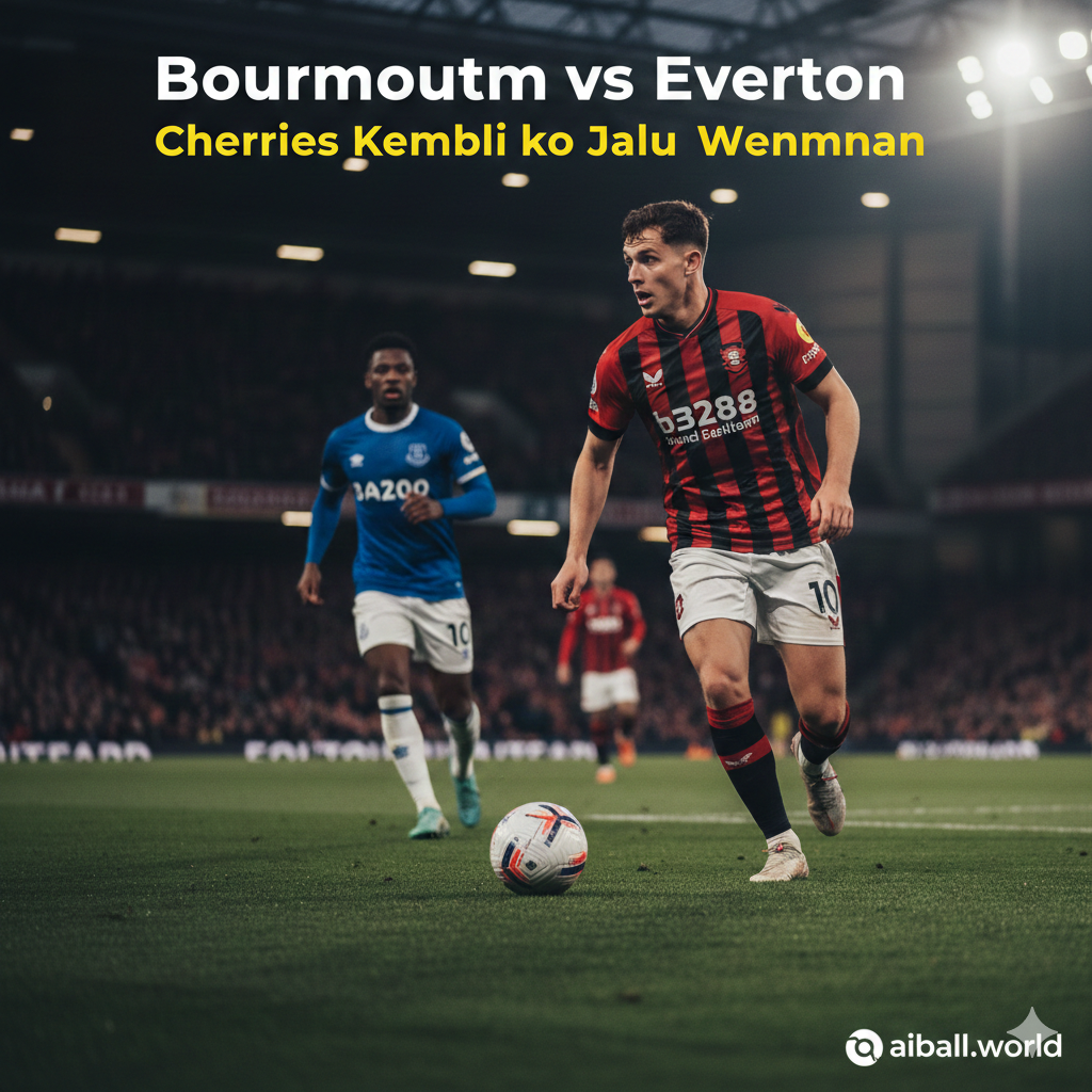 A high-energy cinematic shot of a professional football match at Vitality Stadium during twilight. In the foreground, a player in the red and black striped Bournemouth kit is captured in a dynamic action pose, sprinting with the ball. In the blurred background, an Everton player in a blue kit is chasing. The stadium lights create a dramatic flare effect, with a vibrant color palette of deep reds, royal blues, and lush green turf. The composition is a wide-angle shot with a low perspective to emphasize the intensity of the Premier League atmosphere.