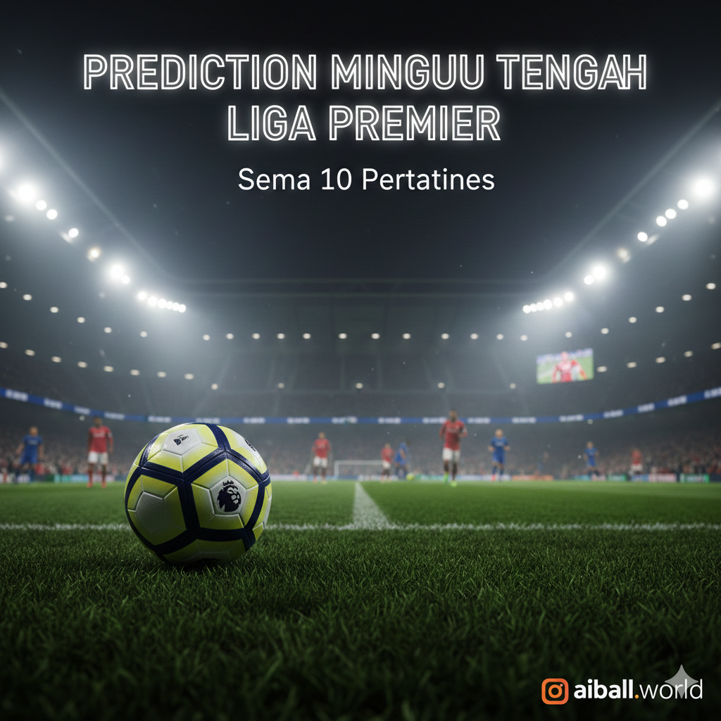 A high-energy cinematic wide shot of a modern Premier League stadium illuminated under bright floodlights during a night match. In the foreground, a professional soccer ball with the official league branding rests on the lush green grass. In the blurred background, silhouettes of players in red and blue kits are seen competing. The atmosphere is misty and intense, with a color palette of deep stadium shadows, vibrant green turf, and glowing neon stadium lights. The composition uses a low-angle perspective to emphasize the scale and excitement of the midweek fixtures.