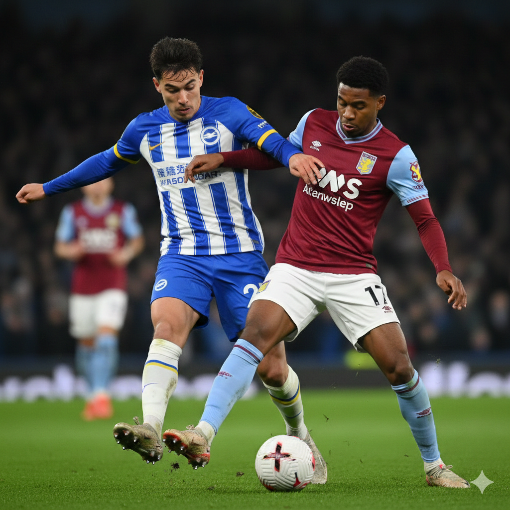 A detailed close-up shot of two professional soccer players from Brighton and Aston Villa engaged in a fierce tactical battle for the ball. One player wears a blue and white striped jersey, while the other wears a claret and blue kit. The focus is sharp on the tension of their movement and the splashing of grass and dew under their boots. The lighting mimics a cold evening under stadium lamps, creating strong highlights and shadows. This action-oriented composition captures the high stakes of the top-four race mentioned in the article.