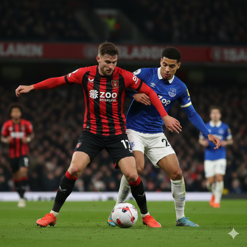 Sebuah foto aksi sepak bola profesional yang dramatis di Stadion Vitality pada malam hari di bawah sorotan lampu stadion yang terang. Fokus utama adalah pemain Bournemouth dengan jersey merah-hitam yang sedang beradu fisik dengan pemain Everton yang mengenakan jersey biru. Ekspresi wajah para pemain penuh intensitas dan determinasi. Gaya fotografi olahraga profesional dengan kedalaman bidang (depth of field) yang dangkal, sehingga latar belakang tribun penonton yang penuh sesak menjadi blur (bokeh). Pencahayaan dramatis menyoroti keringat dan tekstur jersey, menciptakan nuansa pertandingan Liga Inggris yang kompetitif dan energetik.