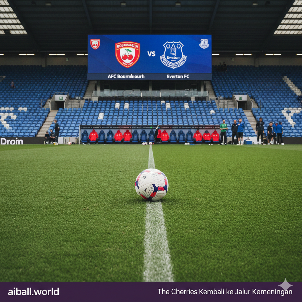 Pemandangan sudut lebar (wide-angle) dari dalam Stadion Vitality yang memperlihatkan persiapan pertandingan antara Bournemouth dan Everton. Terlihat papan skor digital di latar belakang yang menampilkan logo kedua klub. Di lapangan hijau yang terawat sempurna, terlihat bola sepak resmi Liga Inggris berada di titik tengah dengan latar belakang barisan bangku pemain cadangan dan staf teknis. Skema warna didominasi oleh hijau rumput yang segar, merah klub Bournemouth, dan biru klub Everton. Komposisi menggunakan aturan sepertiga (rule of thirds) untuk menciptakan keseimbangan visual yang menarik, memberikan kesan antisipasi sebelum laga dimulai.