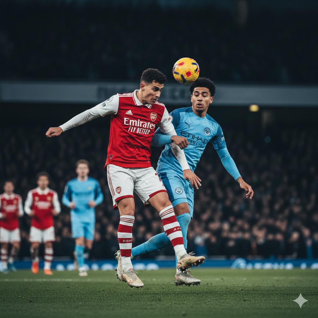 A dynamic high-action shot of professional soccer players competing under bright stadium floodlights at night. In the foreground, a player in a red kit (representing Arsenal) and a player in a blue kit (representing Manchester City or Chelsea) are vying for a header. The background shows a packed, blurred stadium crowd creating an electric atmosphere.
