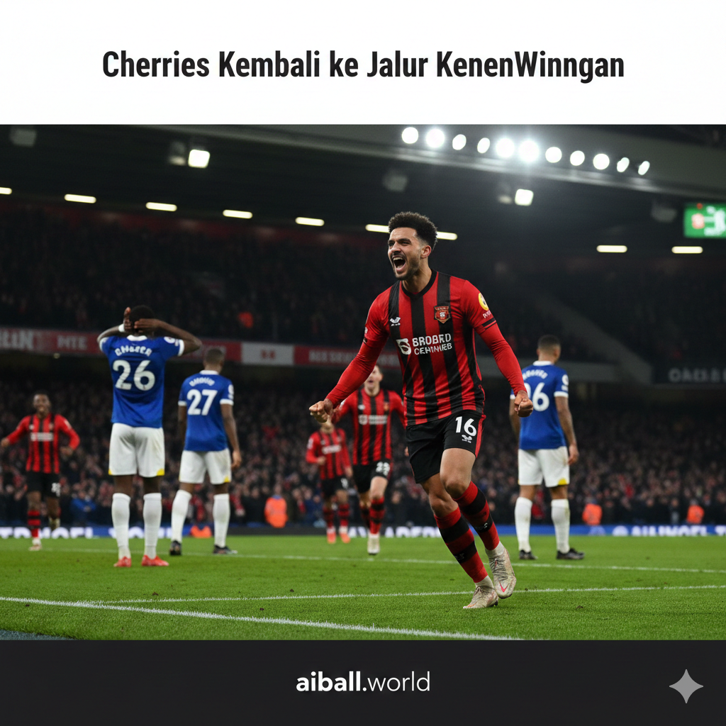 A high-energy cinematic shot capturing the intensity of a Premier League match at Vitality Stadium. In the foreground, a Bournemouth player in the iconic red and black striped jersey is seen celebrating a goal with passion, while Everton defenders in blue kits look dejected in the background. The stadium lights are bright, creating a dramatic atmosphere with a slight motion blur to emphasize speed. The color palette is dominated by vibrant red and deep blue, with a professional sports photography style, low-angle composition, and sharp focus on the emotion of the players.