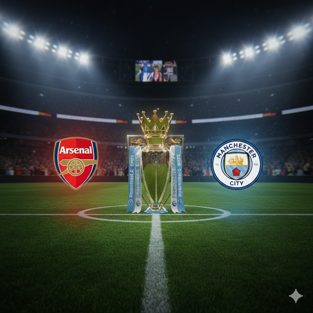 Pemandangan dramatis stadion sepak bola Inggris yang ikonik di malam hari dengan lampu stadion yang terang benderang menyinari lapangan hijau yang sempurna. Di latar depan, terdapat bola sepak modern yang diletakkan di atas rumput dengan butiran embun. Latar belakangnya menampilkan kerumunan penonton yang buram dengan bendera klub-klub besar seperti Arsenal, Manchester City, dan Liverpool yang berkibar. Atmosfernya kompetitif dan megah, menggunakan gaya fotografi olahraga profesional dengan kontras tinggi, palet warna hijau rumput yang tajam, biru langit malam, dan cahaya putih keemasan dari lampu sorot.