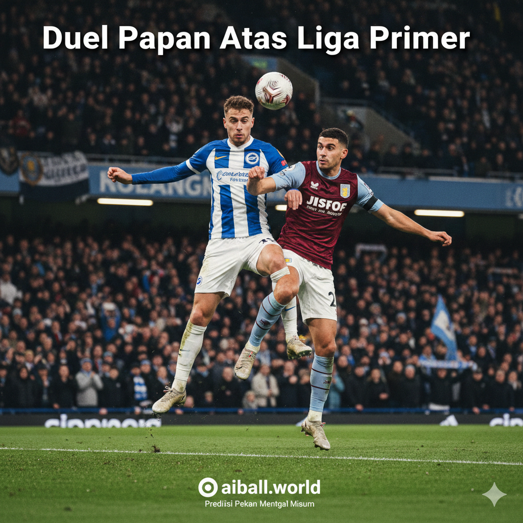 Ilustrasi aksi pertandingan sepak bola yang intens antara dua pemain yang mengenakan seragam biru-putih (Brighton) dan merah marun-biru muda (Aston Villa). Fokus pada momen perebutan bola di udara dengan latar belakang tribun stadion yang penuh sesak. Gaya visualnya sinematik dengan efek gerakan (motion blur) untuk menambah kesan kecepatan dan dinamisme. Pencahayaan fokus pada kedua pemain, menciptakan bayangan tajam di lapangan. Komposisi menggunakan sudut rendah (low angle) untuk memberikan kesan heroik dan dramatis pada pertandingan papan atas ini.