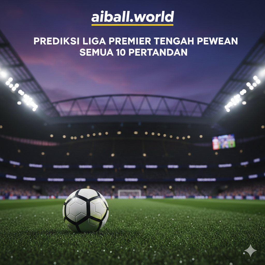 A wide-angle cinematic shot of a modern Premier League stadium at dusk, illuminated by bright floodlights under a deep purple and blue evening sky. In the foreground, a high-quality soccer ball rests on the lush green grass with dew droplets. The blurred background shows the iconic architecture of an English stadium with fans' silhouettes. The color palette is vibrant with emerald green, electric blue, and warm stadium light glows, creating an atmosphere of anticipation and professional sports prestige.