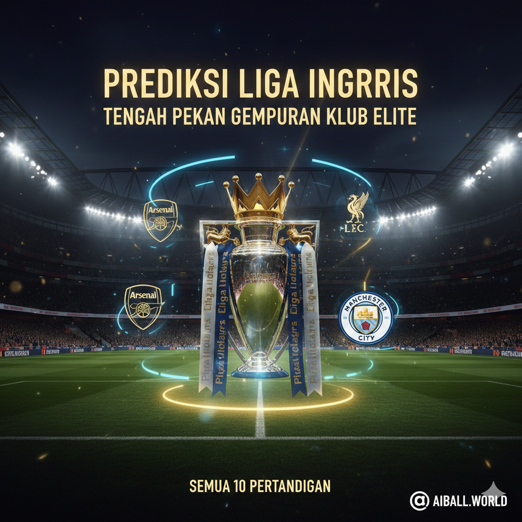 Pemandangan dramatis dari stadion Premier League yang ikonik di bawah lampu sorot malam hari. Di bagian tengah, terdapat trofi Premier League yang bersinar keemasan, dikelilingi oleh grafis digital yang menampilkan logo klub-klub besar seperti Arsenal, Man City, dan Liverpool. Gaya visualnya modern dan sinematik dengan skema warna biru tua, emas, dan aksen neon. Komposisi menggunakan sudut rendah (low-angle) untuk memberikan kesan megah dan penuh antisipasi terhadap pertandingan tengah pekan.