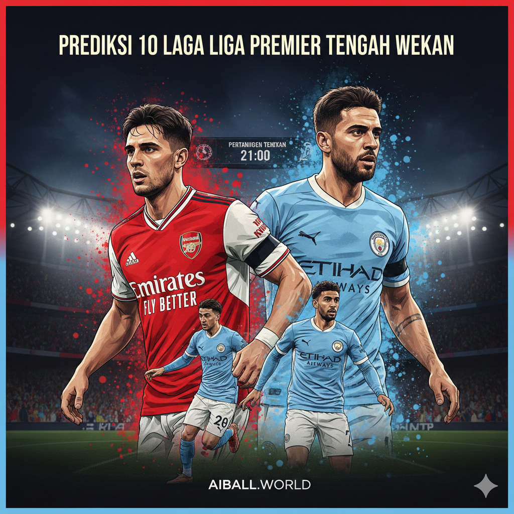 Ilustrasi persaingan papan atas yang menampilkan representasi pemain Arsenal dan Manchester City dalam aksi artistik yang dinamis. Latar belakangnya menggunakan kolase elemen stadion dan papan skor digital yang menunjukkan waktu pertandingan tengah pekan. Palet warna didominasi oleh merah Arsenal dan biru langit Man City yang kontras. Gaya seni sport-modern dengan efek percikan energi dan pencahayaan dramatis untuk menonjolkan ketegangan perebutan gelar juara liga.