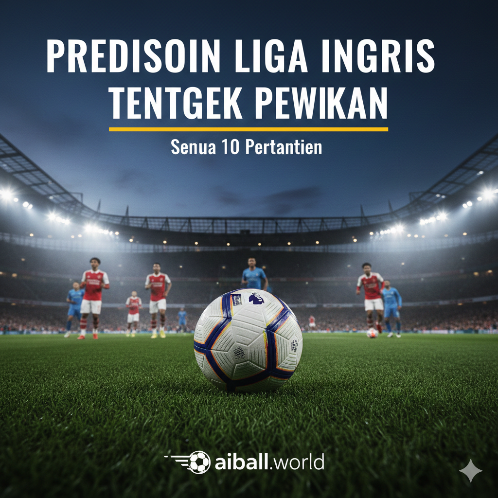 A high-energy cinematic wide shot of a modern Premier League stadium illuminated under bright floodlights at night. In the foreground, a professional football with the official league design sits on the lush green grass, with dramatic motion blur of players in the background wearing generic red and blue kits to symbolize a major clash like Arsenal or Man City. The sky is a deep twilight blue, and the atmosphere is filled with mist and stadium smoke, creating a sense of intense competition. Vivid colors, high contrast, and a professional sports photography style.