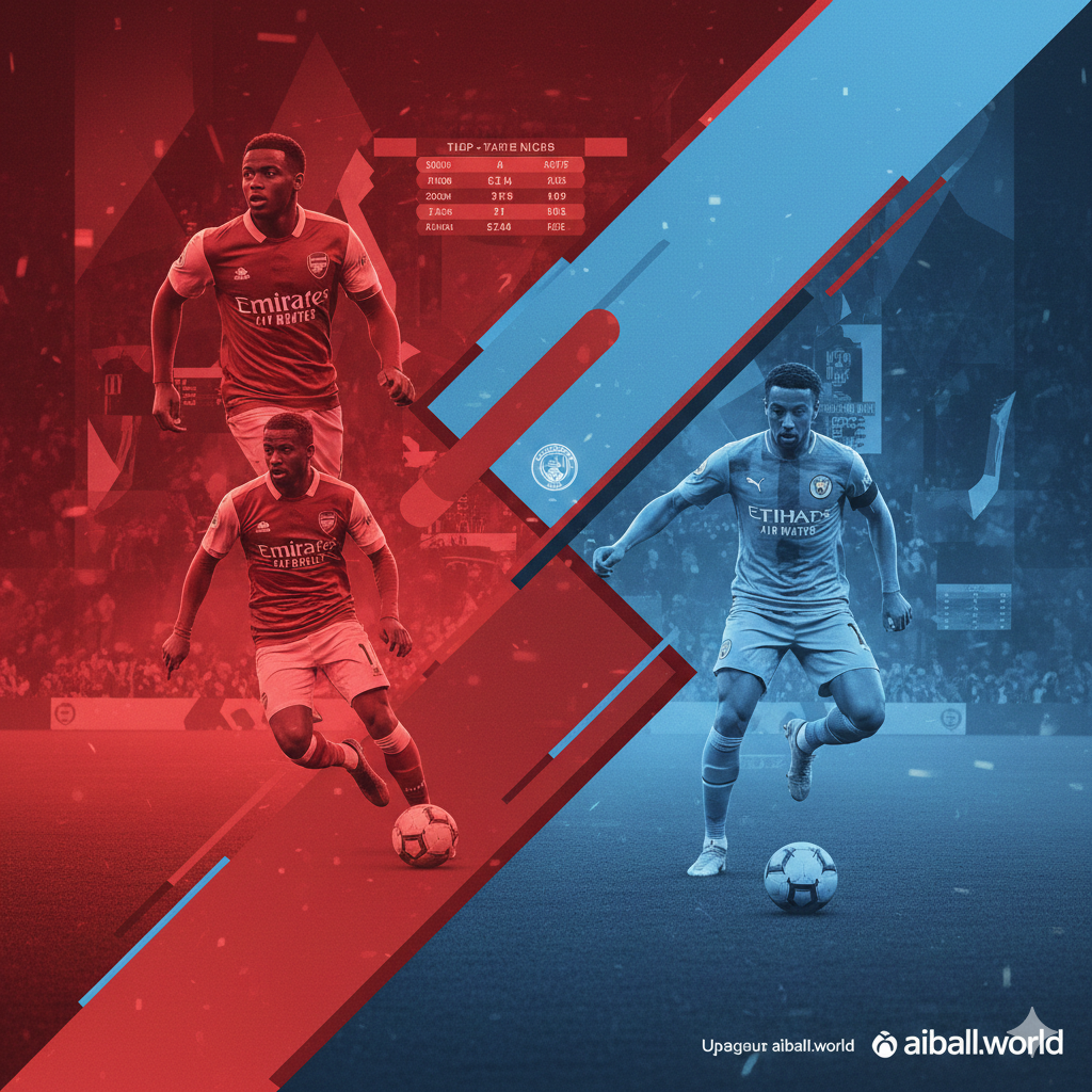 A creative split-screen graphic design featuring stylized action silhouettes of key players from top teams mentioned in the text, such as Arsenal, Man City, and Aston Villa. The composition uses a dynamic diagonal divide with a color palette of vibrant red, sky blue, and deep claret. Abstract geometric shapes and motion lines convey speed and intensity. The background includes subtle textures of a football pitch and digital data visualizations like league table bars, emphasizing the strategic 'race' and 'predictions' aspect of the article.