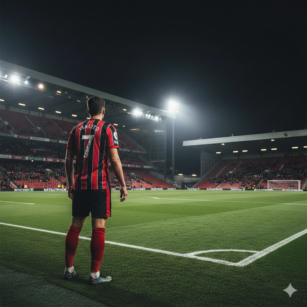 A dynamic cinematic shot of Vitality Stadium under bright stadium floodlights at night. In the foreground, a professional soccer player in Bournemouth's iconic red and black striped kit is seen from behind, looking toward the pitch, capturing a sense of determination. The atmosphere is filled with a slight mist and lens flare from the lights. The grass is lush green with clear white markings. The style is high-action sports photography with vibrant colors, deep shadows, and a wide-angle composition that emphasizes the intensity of a Premier League match night.