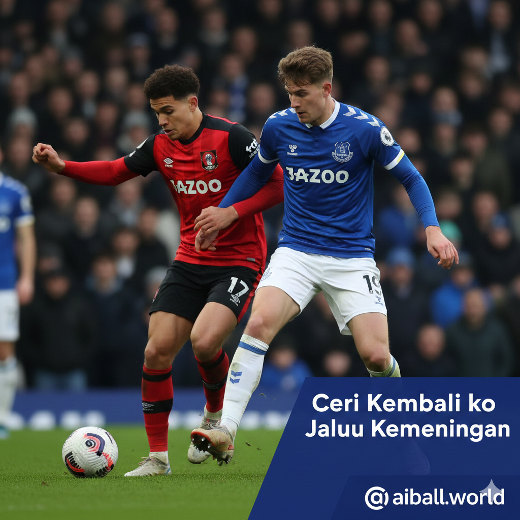 A close-up, high-shutter-speed action shot capturing a fierce duel for the ball between a Bournemouth player in red/black and an Everton player in their traditional royal blue kit. The focus is sharp on the players' determined expressions and the movement of the ball on the grass. The background shows a blurred crowd in the stands, creating a shallow depth of field. The lighting is natural but dramatic, highlighting the textures of the jerseys and the spray of grass. The composition is diagonal to convey energy and the competitive spirit of the preview.